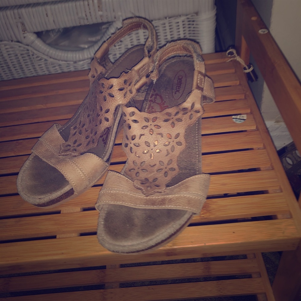 Velcro strap tan sandal with slight heel